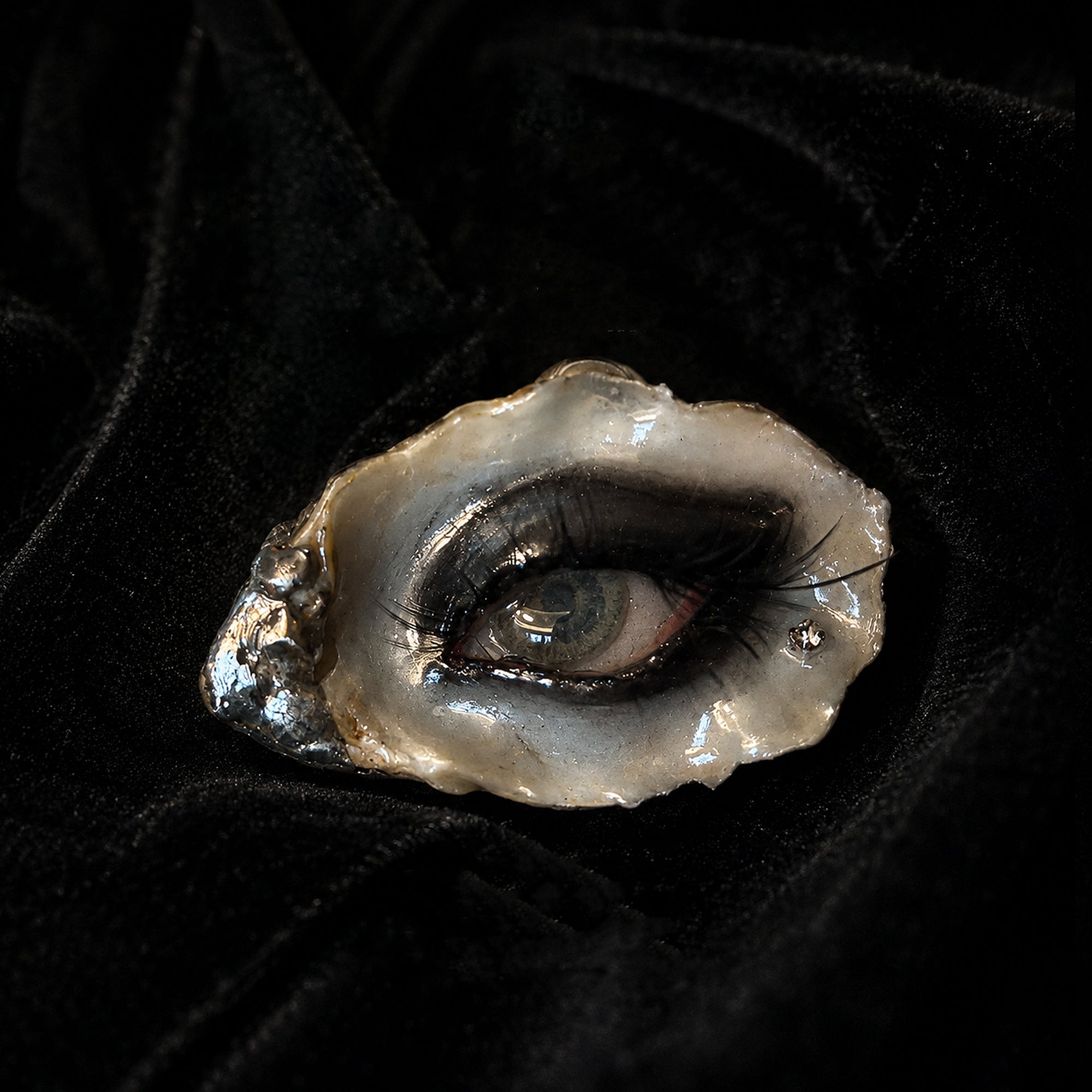 Lilith Veil Black Smoky oyster eye brooch by Shell Oracle