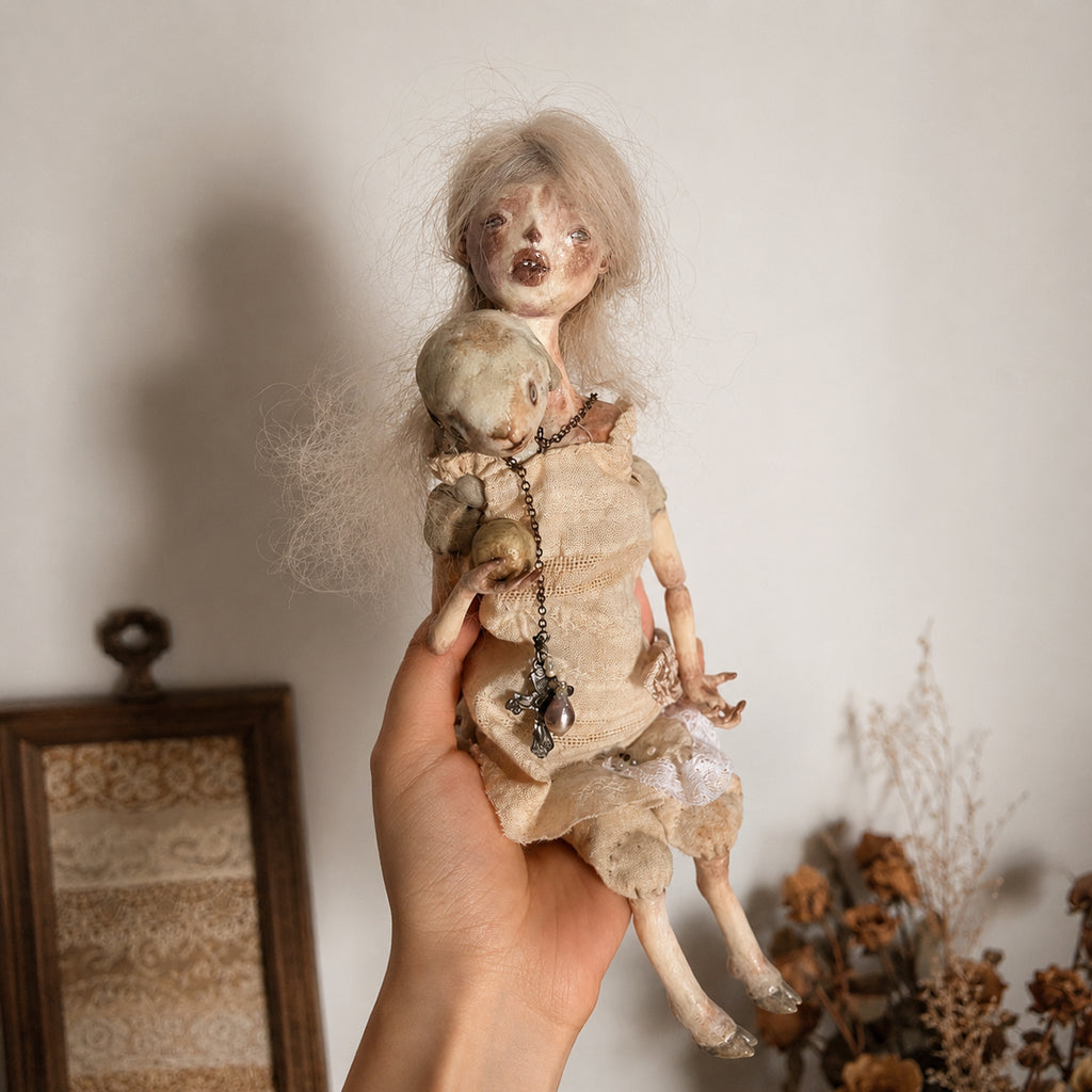 A008 Handmade Lamb Doll with Chair, 26cm Resin Clay Textile Art Doll, One of a Kind Lambwick Manor Collectible Sculpture Decor