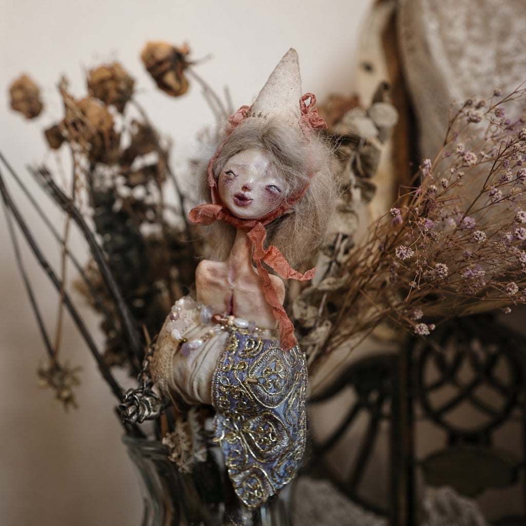 A007 Handmade Doll Hand Bell Sculpture, 28cm Resin Clay Textile Art with Silver Bell, One of a Kind Lambwick Manor Collectible Decor