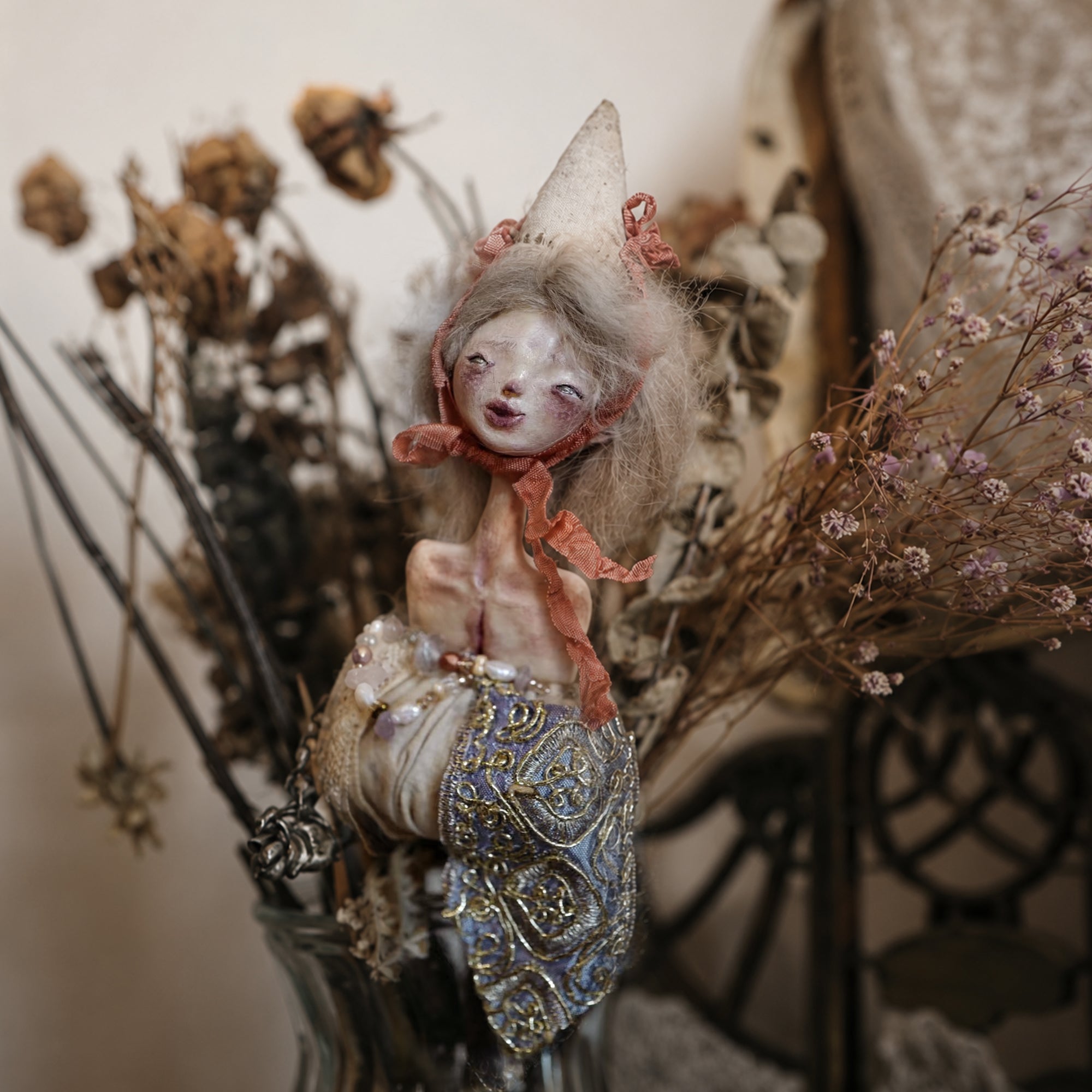 A007 Handmade Doll Hand Bell Sculpture, 28cm Resin Clay Textile Art with Silver Bell, One of a Kind Lambwick Manor Collectible Decor