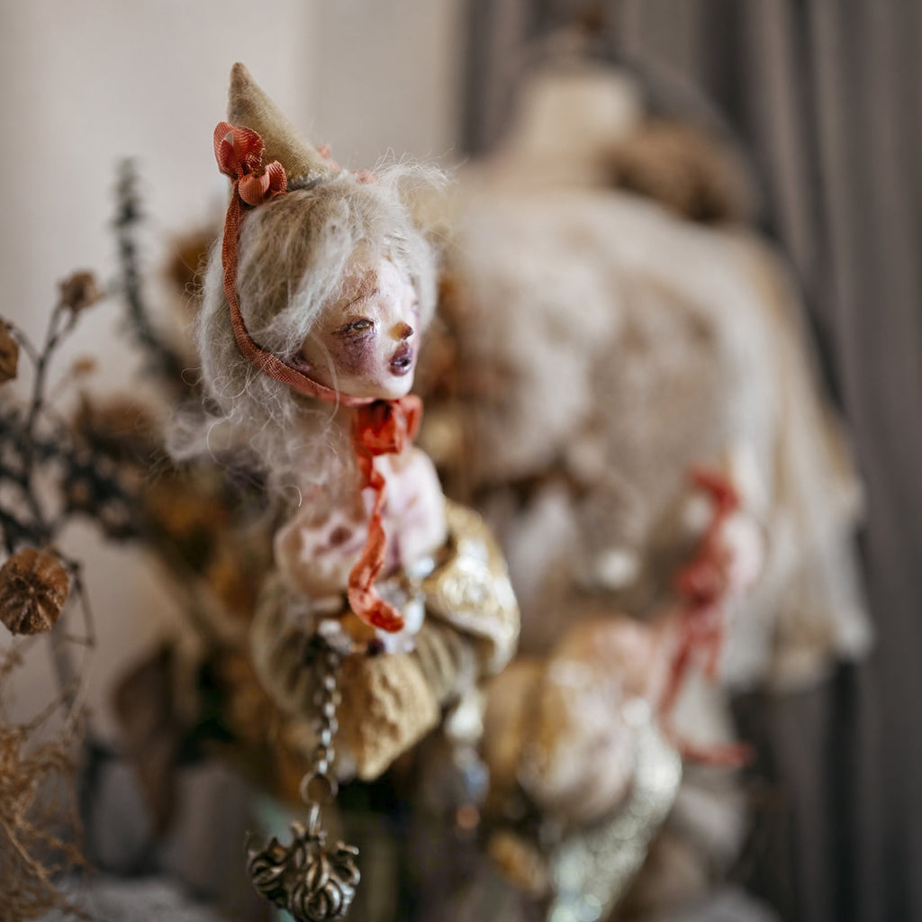 A007 Handmade Doll Hand Bell Sculpture, 28cm Resin Clay Textile Art with Silver Bell, One of a Kind Lambwick Manor Collectible Decor