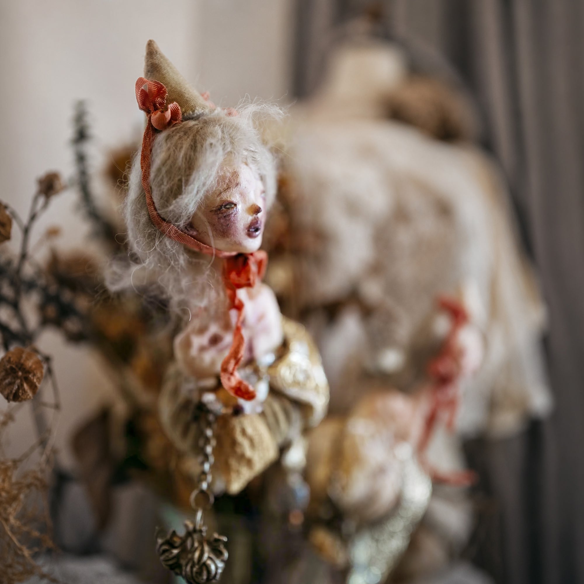 A007 Handmade Doll Hand Bell Sculpture, 28cm Resin Clay Textile Art with Silver Bell, One of a Kind Lambwick Manor Collectible Decor