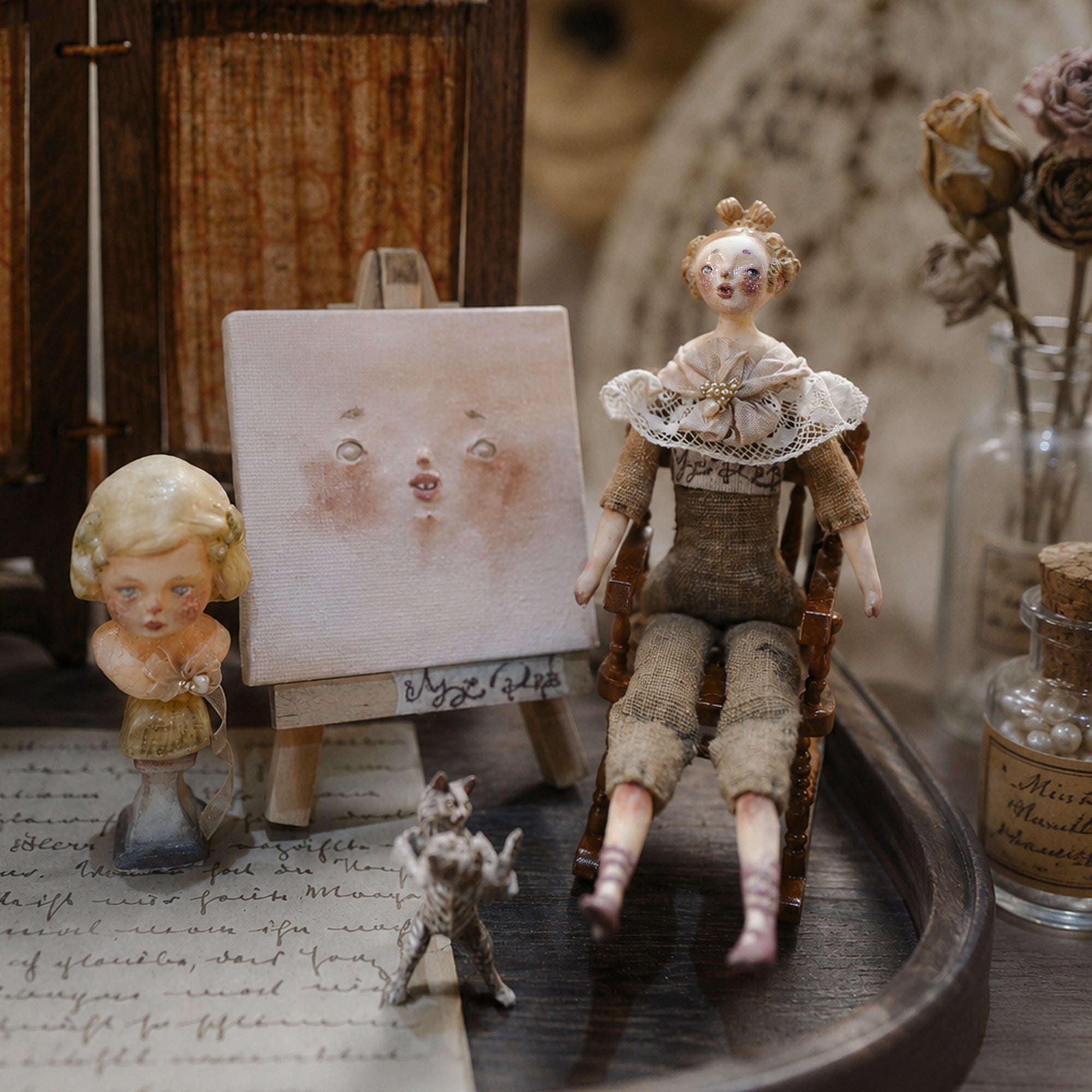 A006 Handmade Seated Art Doll & Wooden Chair Set, 17cm Resin Clay Girl Figurine, Two Hair Colors, Lambwick Manor Collectible Decor
