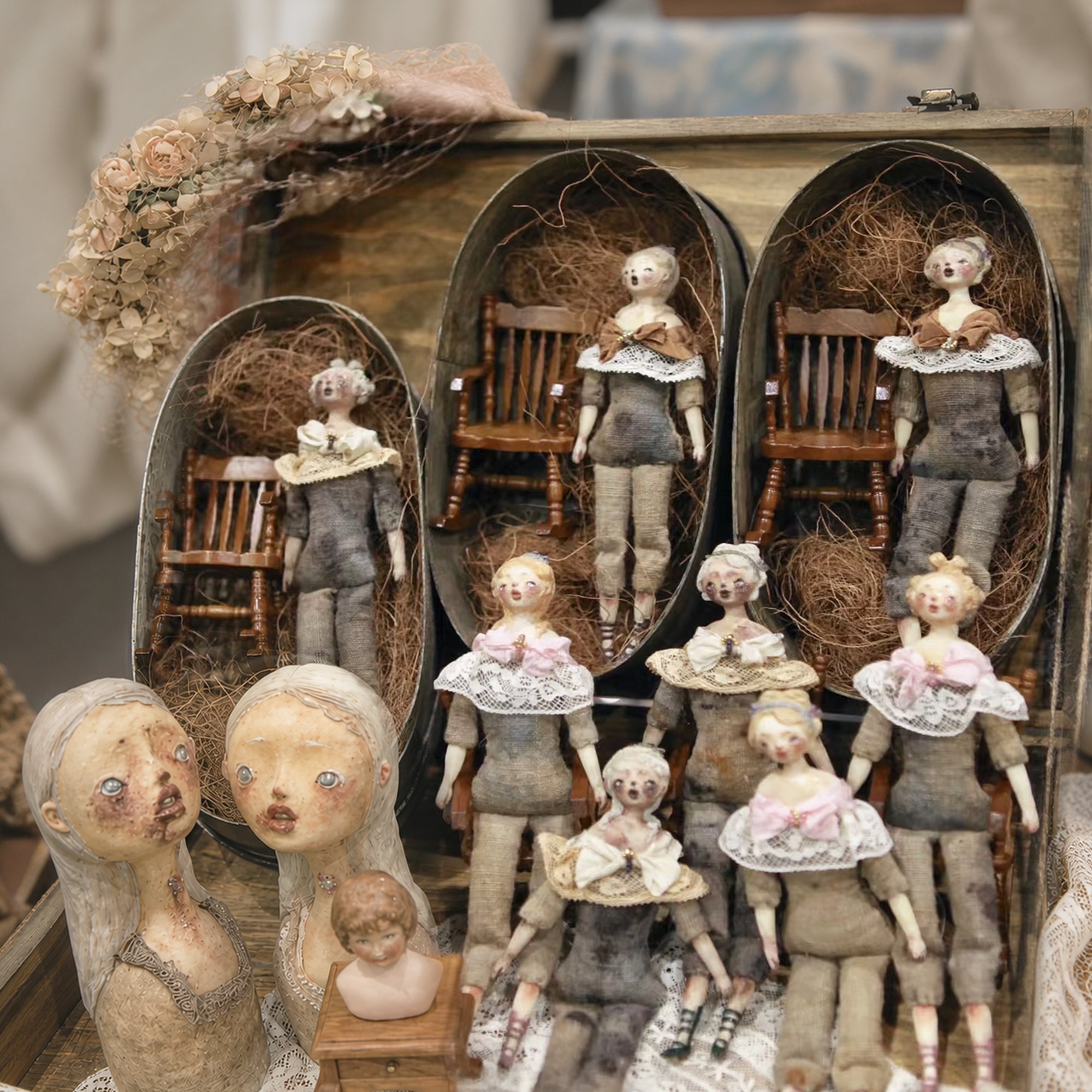 A006 Handmade Seated Art Doll & Wooden Chair Set, 17cm Resin Clay Girl Figurine, Two Hair Colors, Lambwick Manor Collectible Decor