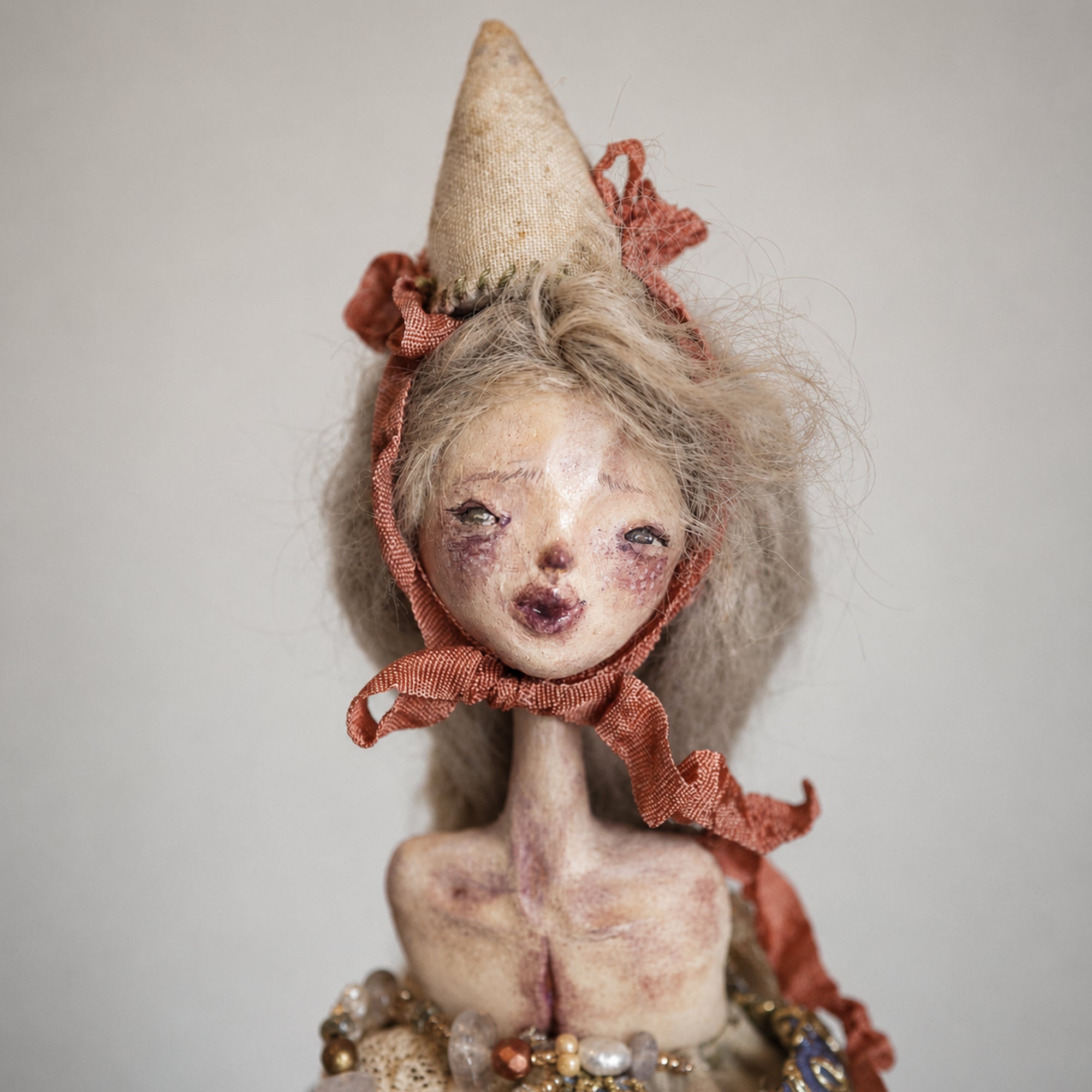 A007 Handmade Doll Hand Bell Sculpture, 28cm Resin Clay Textile Art with Silver Bell, One of a Kind Lambwick Manor Collectible Decor