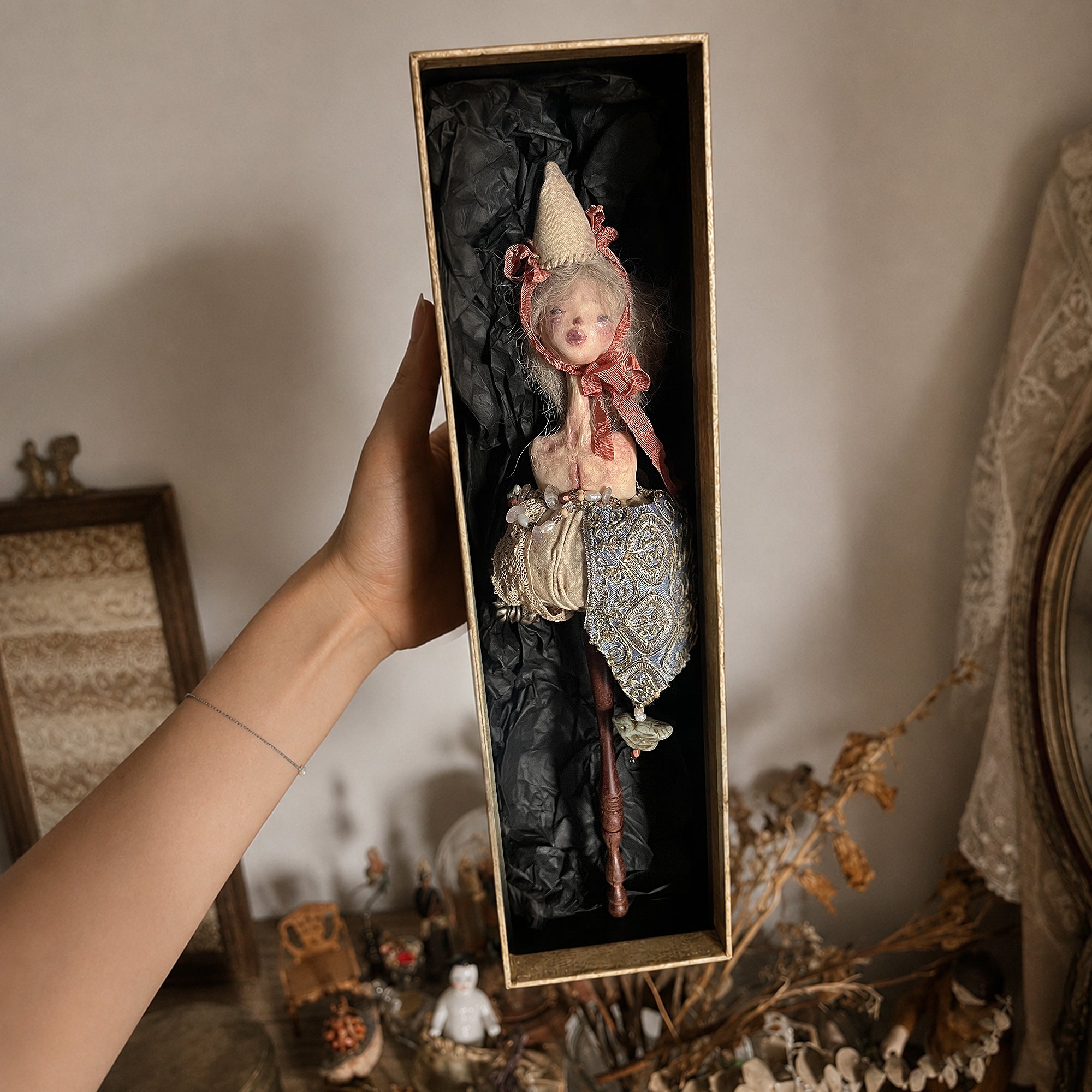 A007 Handmade Doll Hand Bell Sculpture, 28cm Resin Clay Textile Art with Silver Bell, One of a Kind Lambwick Manor Collectible Decor