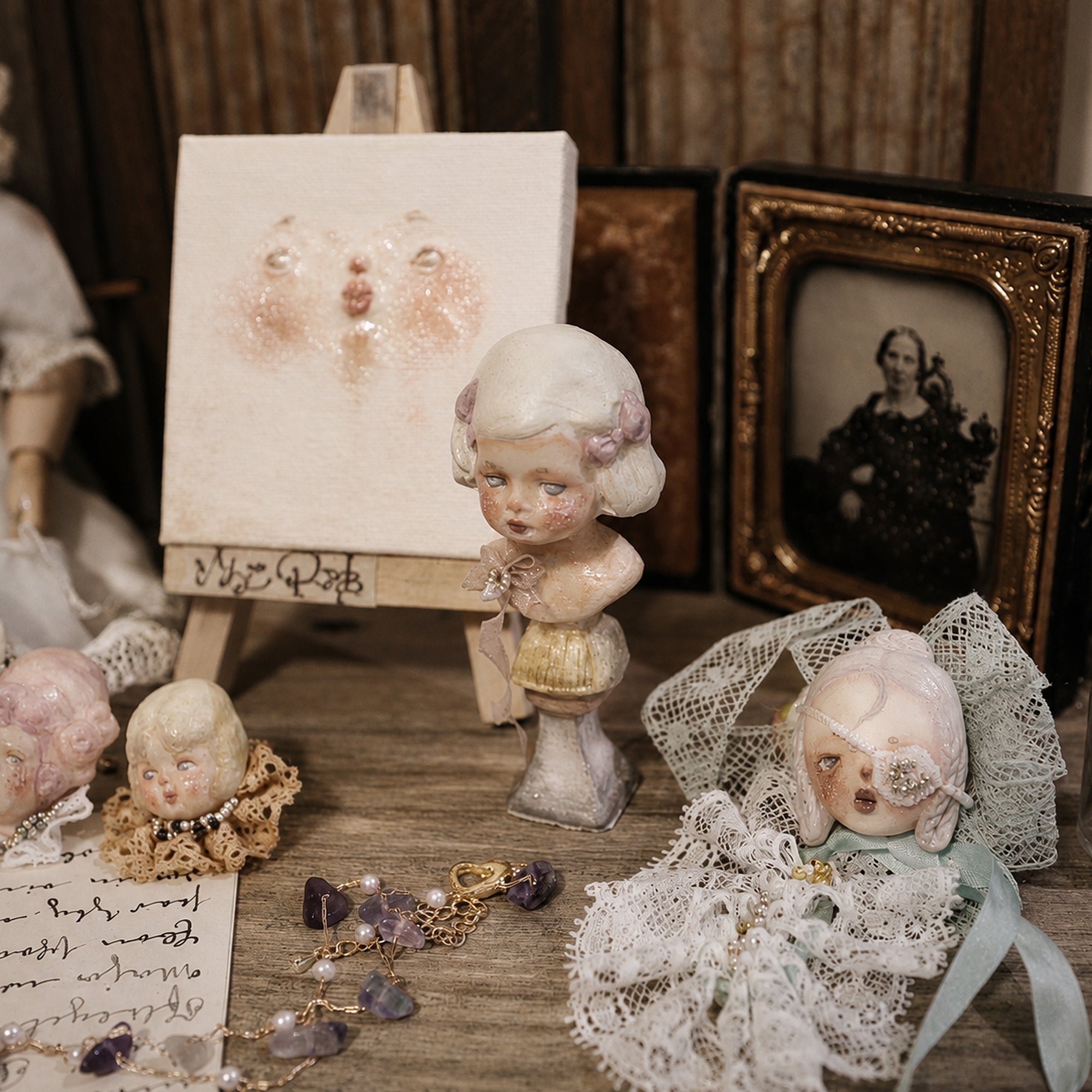 A005 Handmade Boy and Girl Doll Bust Figurine, Resin Clay Miniature Sculpture, 4 Styles, Vintage Romantic Lambwick Manor Art Decor