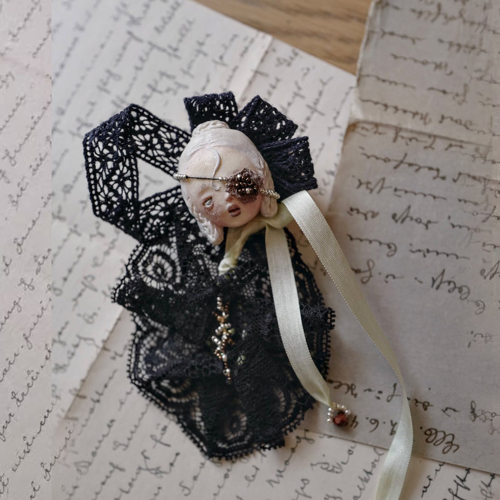 A003 Handmade Masked Doll Brooch, Black or White Lace Wearable Art, Resin Clay Statement Pin, Gothic Romantic Lambwick Manor Boxed Gift