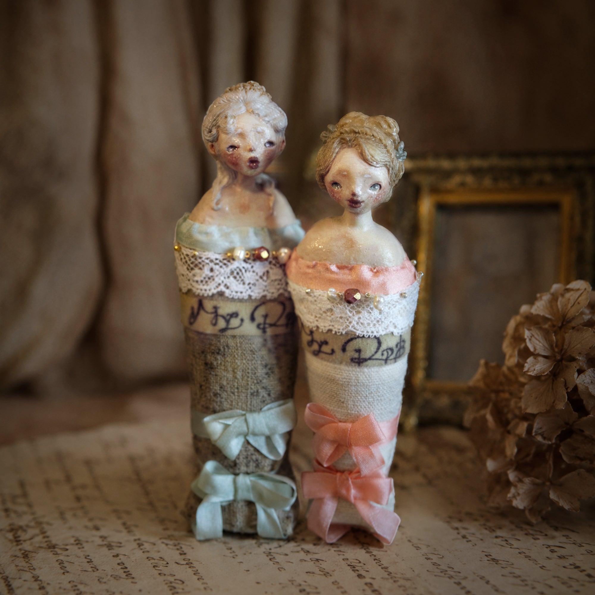 A004 Handmade Twin Series Doll Brooch, Blue or Pink Lace Resin Clay Wearable Art Pin, Victorian Gothic Romantic Lambwick Manor Gift