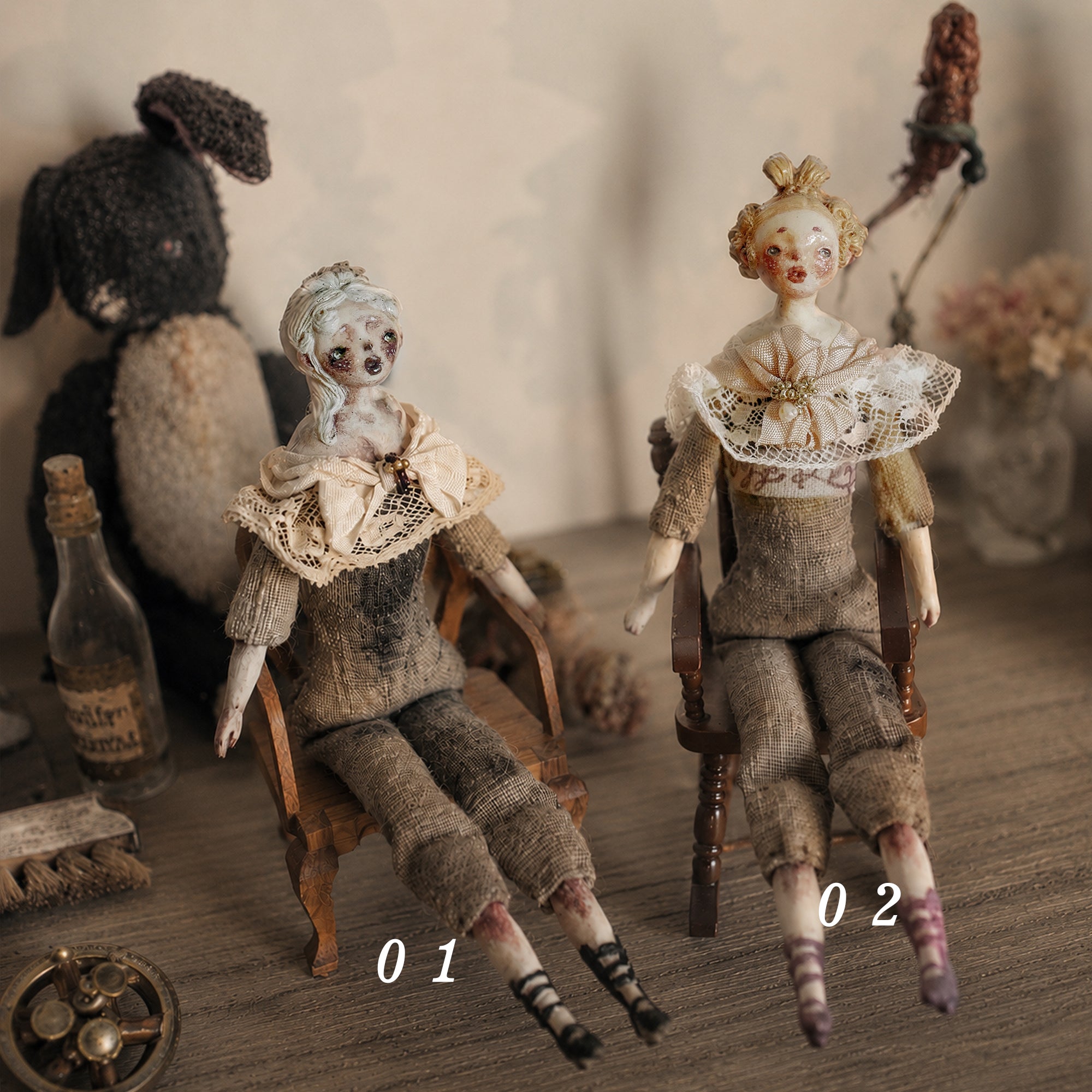 A006 Handmade Seated Art Doll & Wooden Chair Set, 17cm Resin Clay Girl Figurine, Two Hair Colors, Lambwick Manor Collectible Decor