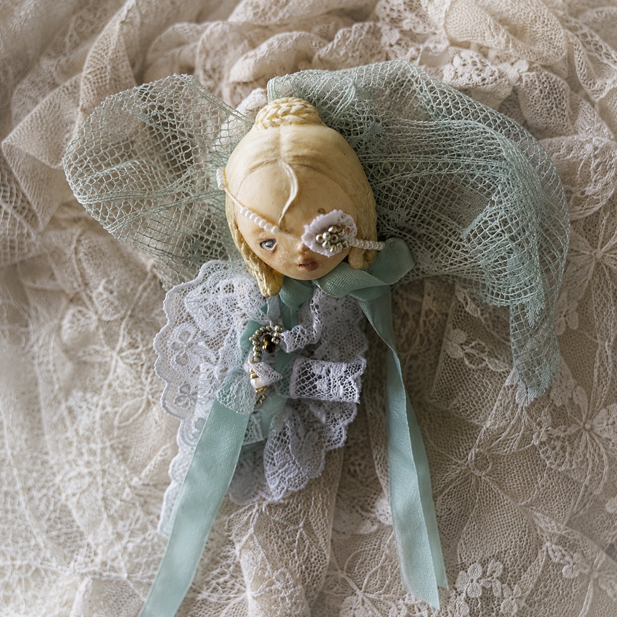 A003 Handmade Masked Doll Brooch, Black or White Lace Wearable Art, Resin Clay Statement Pin, Gothic Romantic Lambwick Manor Boxed Gift