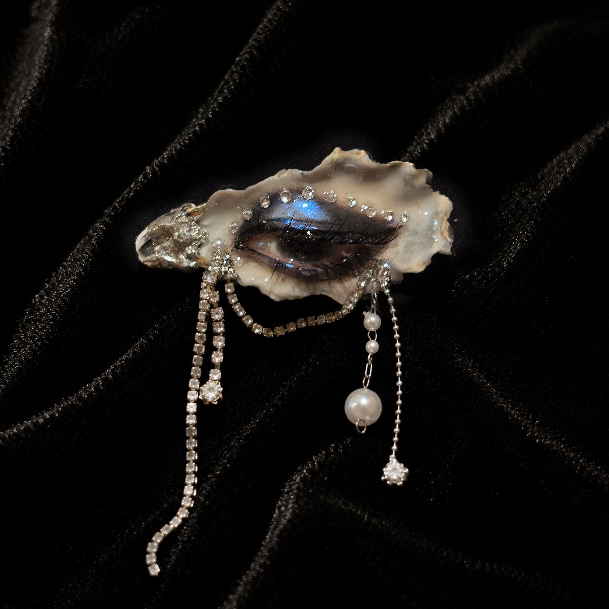 Lilith Veil Black & White Smoky oyster eye brooch by Shell Oracle