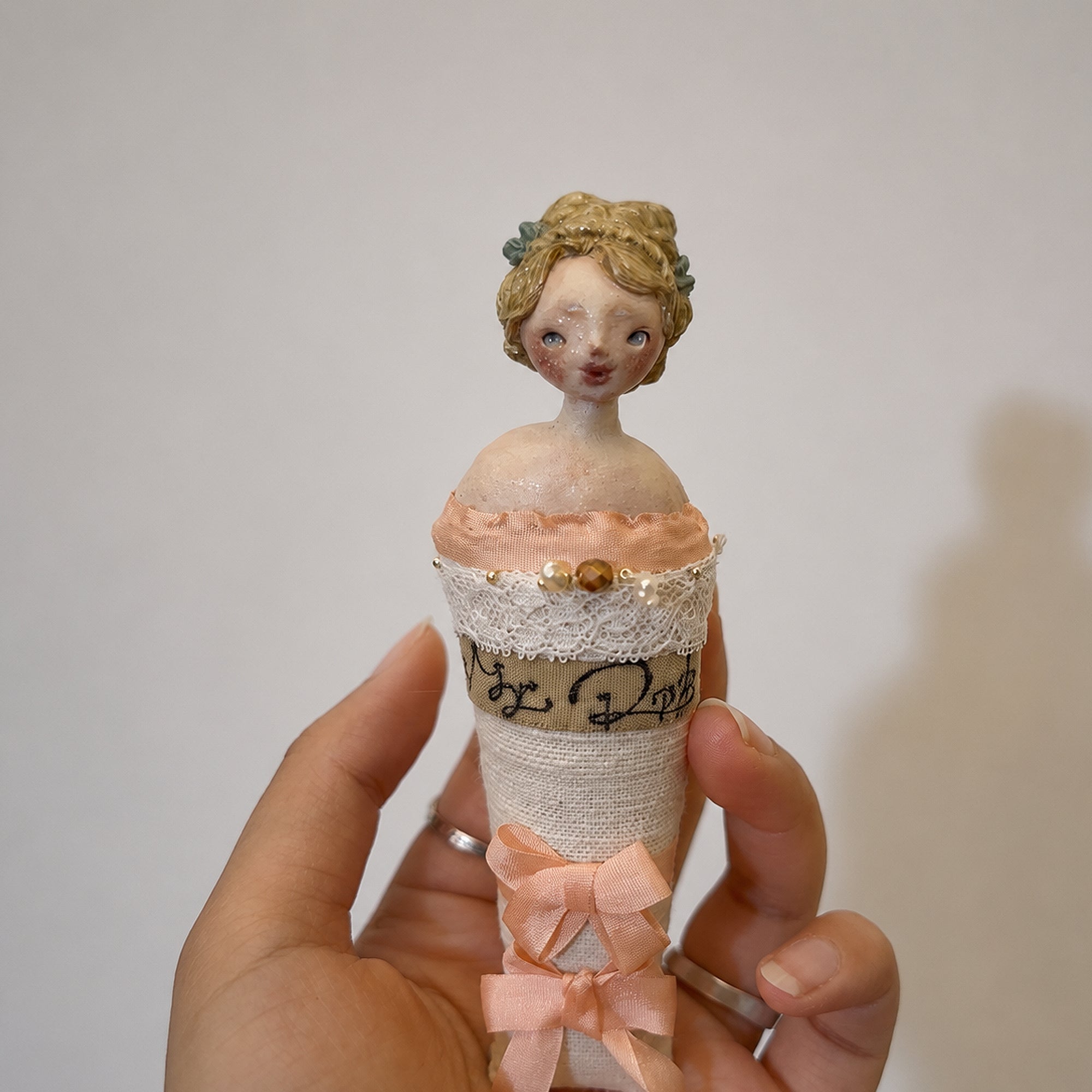 A004 Handmade Twin Series Doll Brooch, Blue or Pink Lace Resin Clay Wearable Art Pin, Victorian Gothic Romantic Lambwick Manor Gift