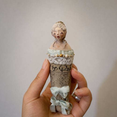 A004 Handmade Twin Series Doll Brooch, Blue or Pink Lace Resin Clay Wearable Art Pin, Victorian Gothic Romantic Lambwick Manor Gift