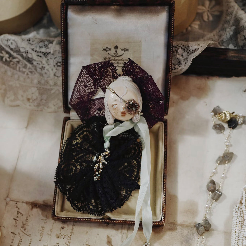A003 Handmade Masked Doll Brooch, Black or White Lace Wearable Art, Resin Clay Statement Pin, Gothic Romantic Lambwick Manor Boxed Gift