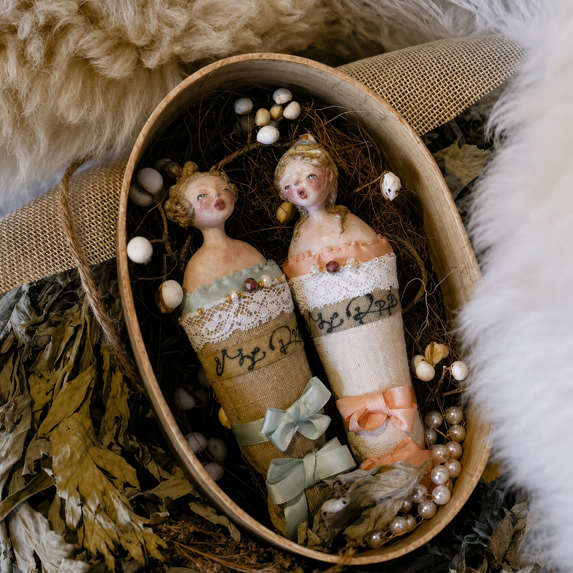 A004 Handmade Twin Series Doll Brooch, Blue or Pink Lace Resin Clay Wearable Art Pin, Victorian Gothic Romantic Lambwick Manor Gift