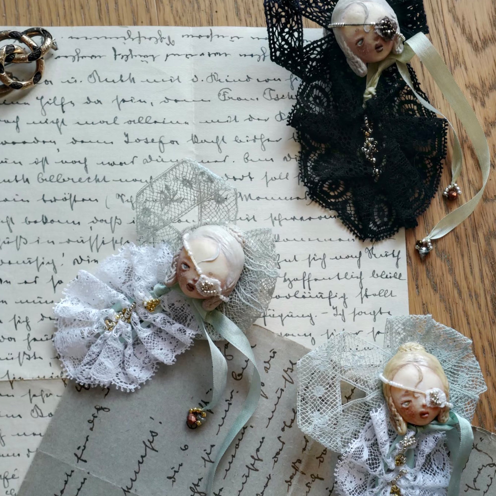 A003 Handmade Masked Doll Brooch, Black or White Lace Wearable Art, Resin Clay Statement Pin, Gothic Romantic Lambwick Manor Boxed Gift