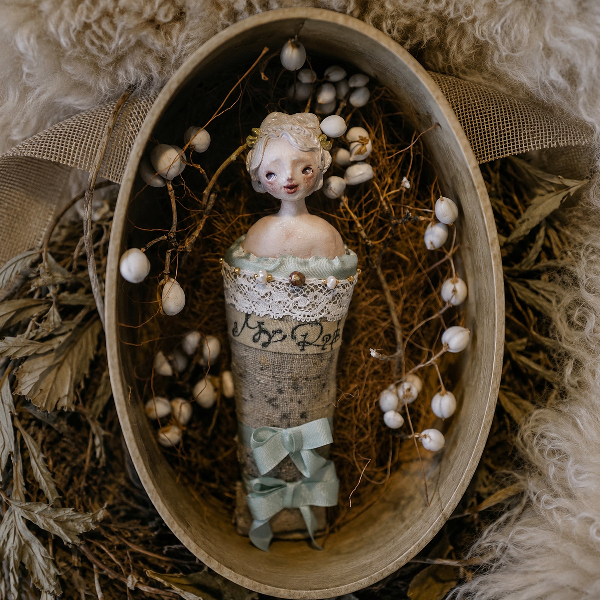 A004 Handmade Twin Series Doll Brooch, Blue or Pink Lace Resin Clay Wearable Art Pin, Victorian Gothic Romantic Lambwick Manor Gift