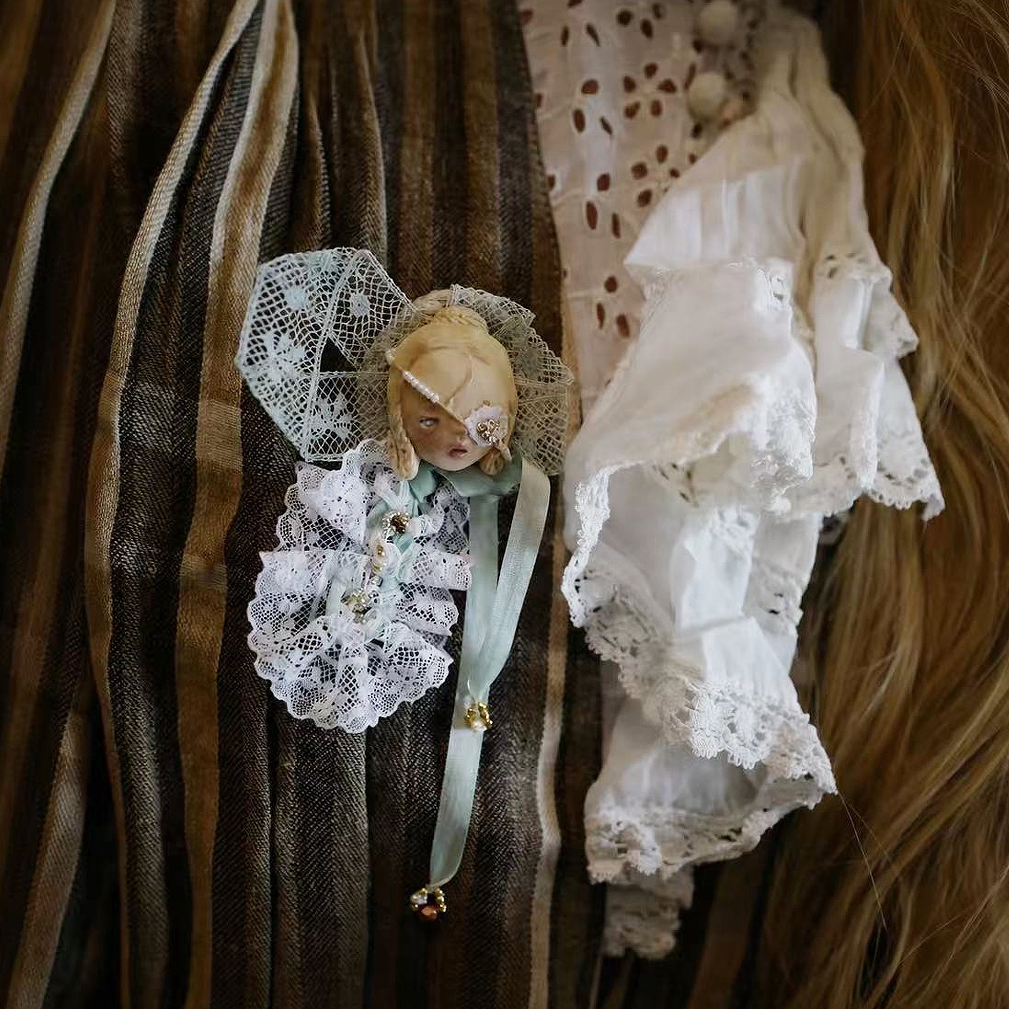 A003 Handmade Masked Doll Brooch, Black or White Lace Wearable Art, Resin Clay Statement Pin, Gothic Romantic Lambwick Manor Boxed Gift