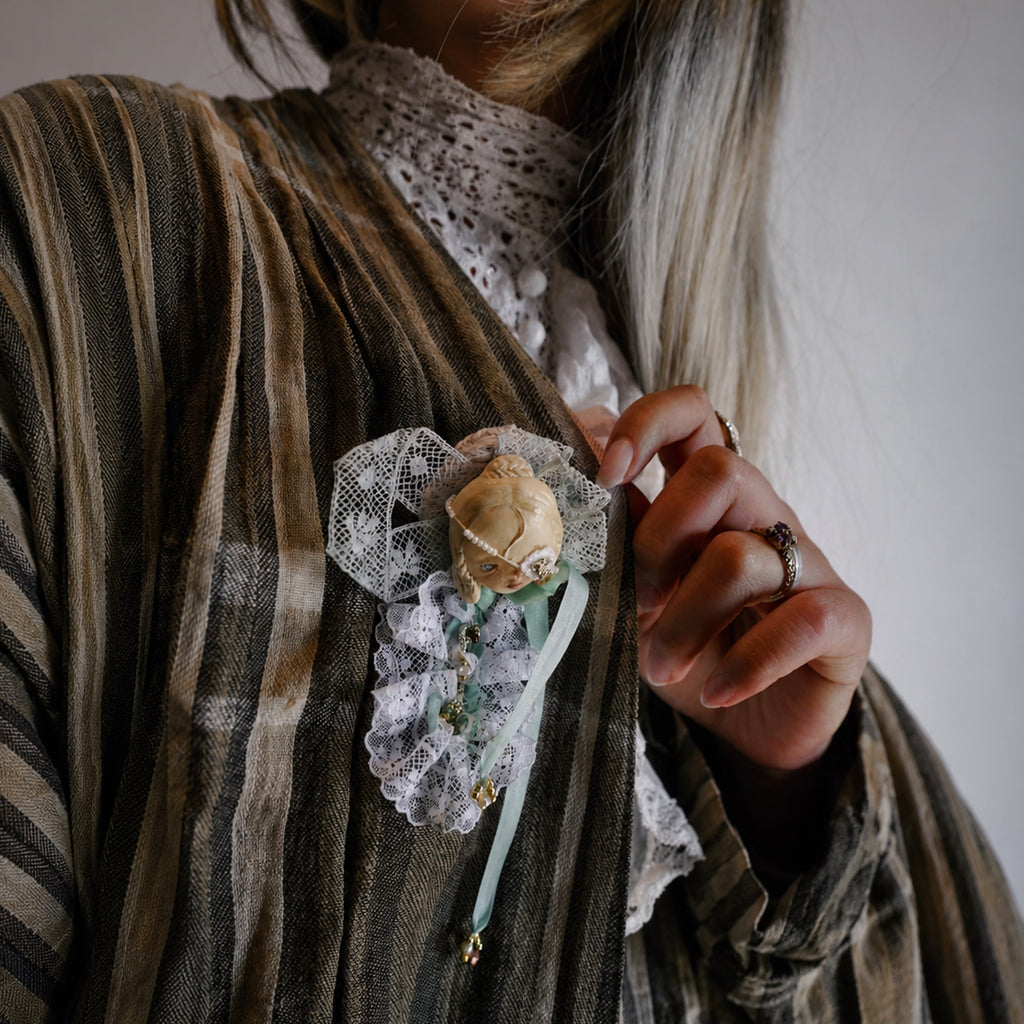 A003 Handmade Masked Doll Brooch, Black or White Lace Wearable Art, Resin Clay Statement Pin, Gothic Romantic Lambwick Manor Boxed Gift