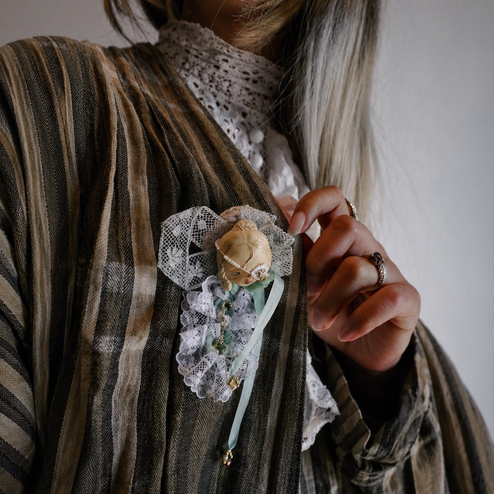 A003 Handmade Masked Doll Brooch, Black or White Lace Wearable Art, Resin Clay Statement Pin, Gothic Romantic Lambwick Manor Boxed Gift