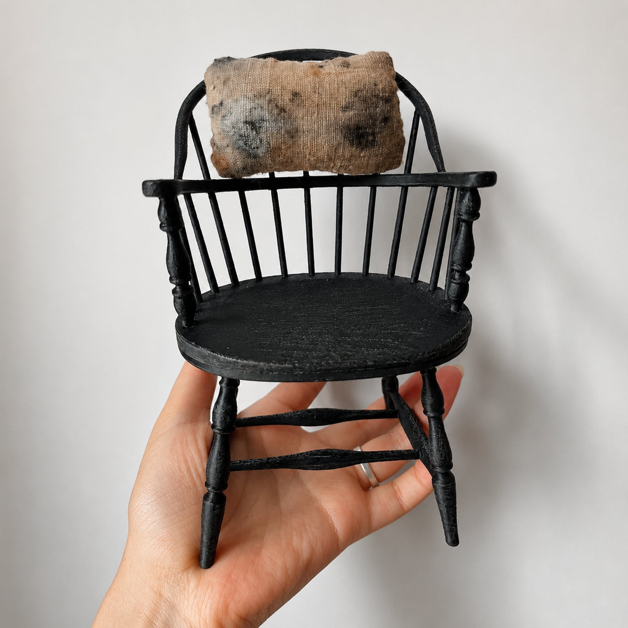 A008 Handmade Lamb Doll with Chair, 26cm Resin Clay Textile Art Doll, One of a Kind Lambwick Manor Collectible Sculpture Decor