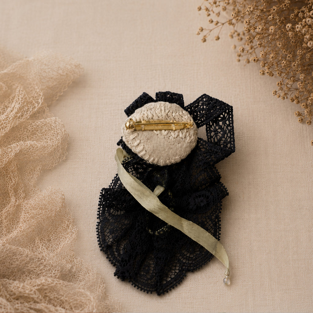 A003 Handmade Masked Doll Brooch, Black or White Lace Wearable Art, Resin Clay Statement Pin, Gothic Romantic Lambwick Manor Boxed Gift