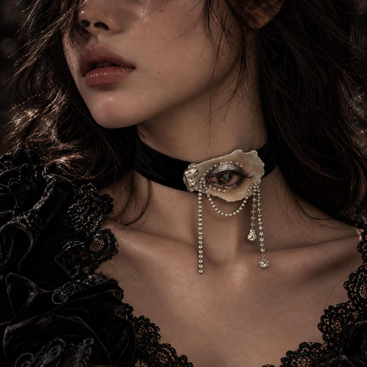 LV029 — black velvet choker worn as gothic wearable art; styling reference