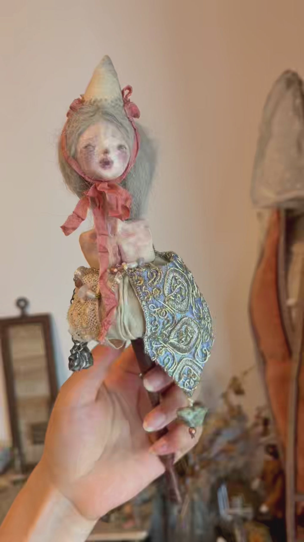A007 Handmade Doll Hand Bell Sculpture, 28cm Resin Clay Textile Art with Silver Bell, One of a Kind Lambwick Manor Collectible Decor