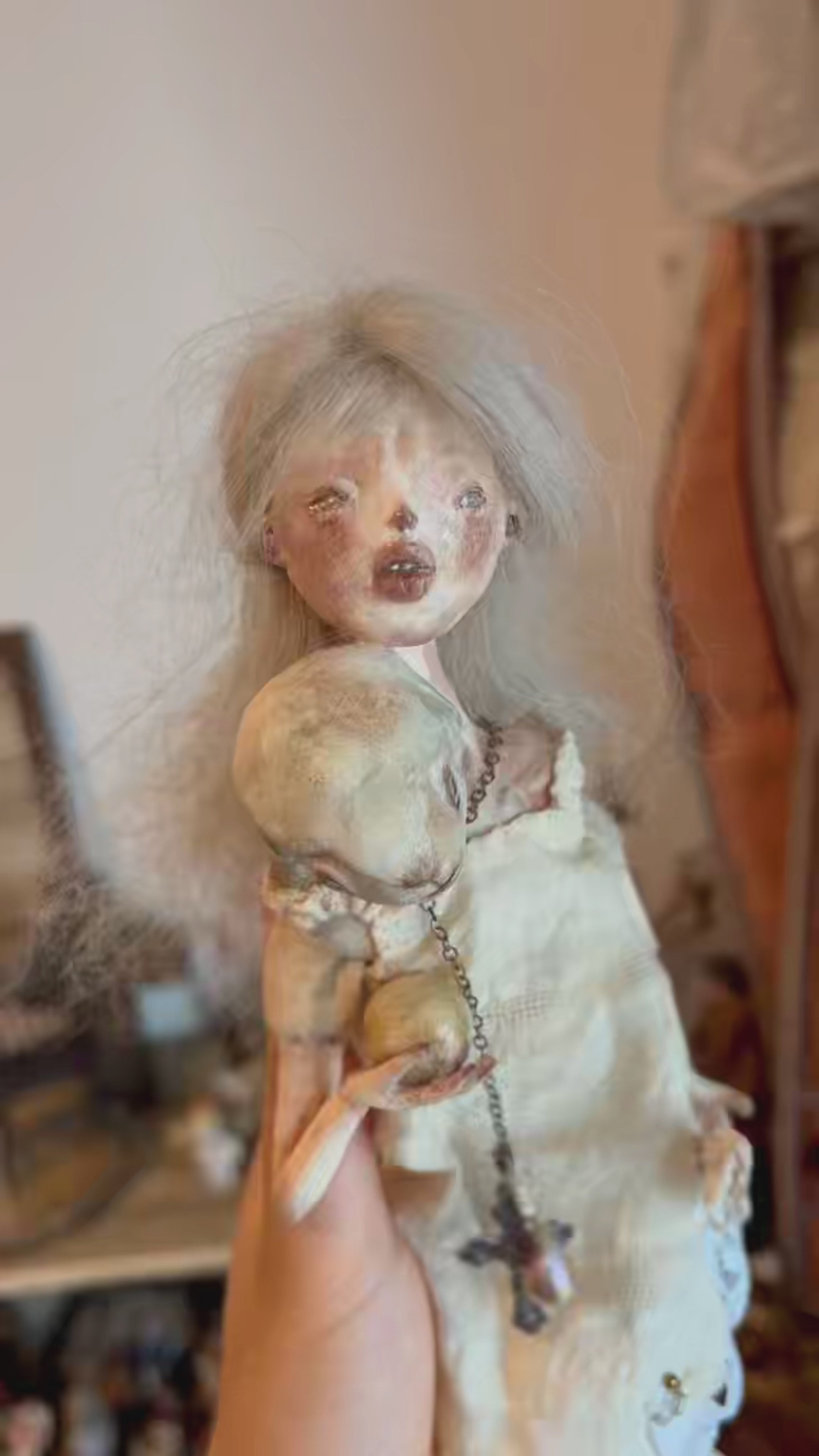 A008 Handmade Lamb Doll with Chair, 26cm Resin Clay Textile Art Doll, One of a Kind Lambwick Manor Collectible Sculpture Decor