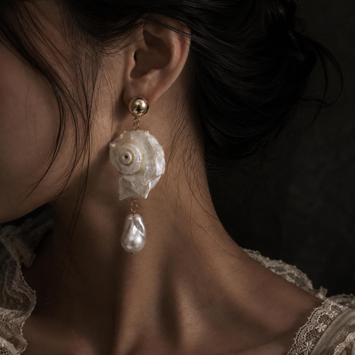 Natural Conch Shell Faux Baroque Pearl Earrings — primary view