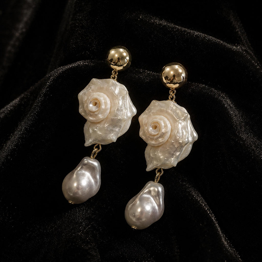 Natural Conch Shell Faux Baroque Pearl Earrings — view 2