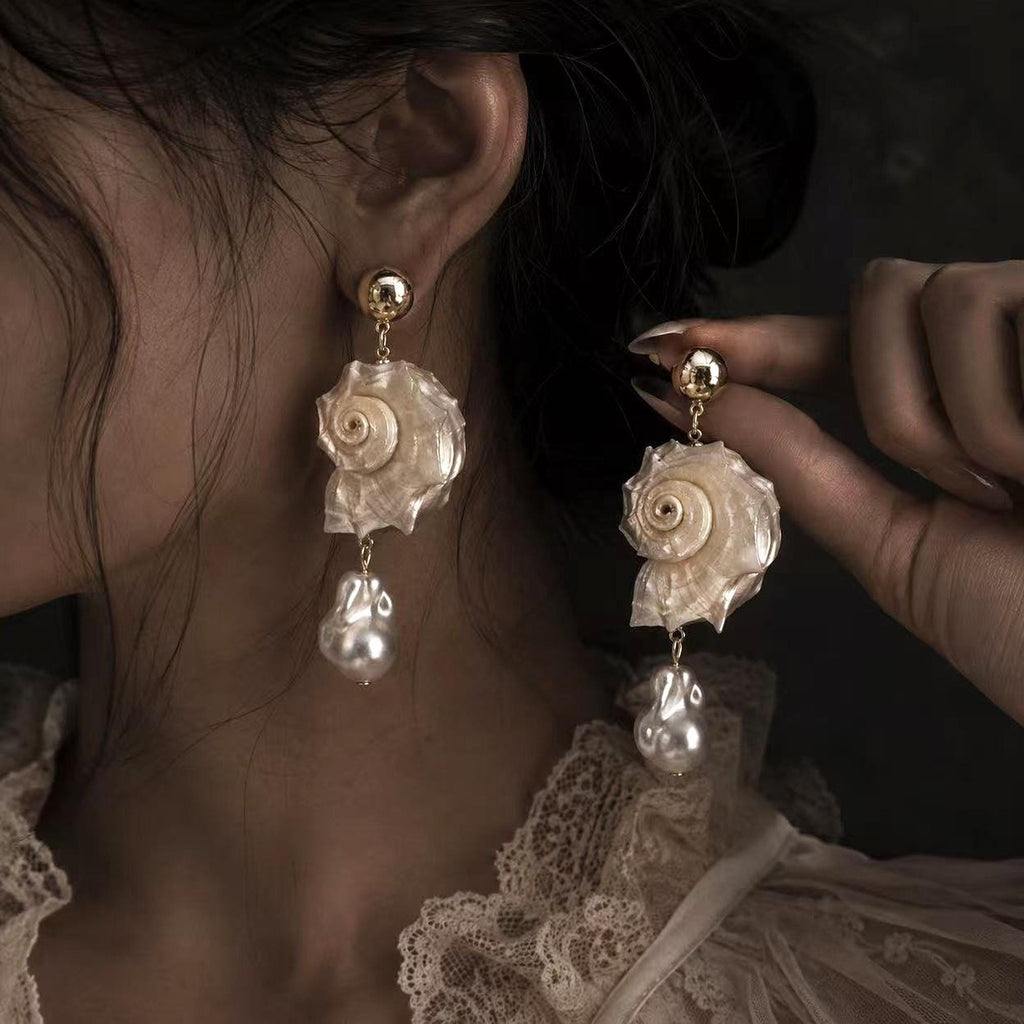 Natural Conch Shell Faux Baroque Pearl Earrings — view 3