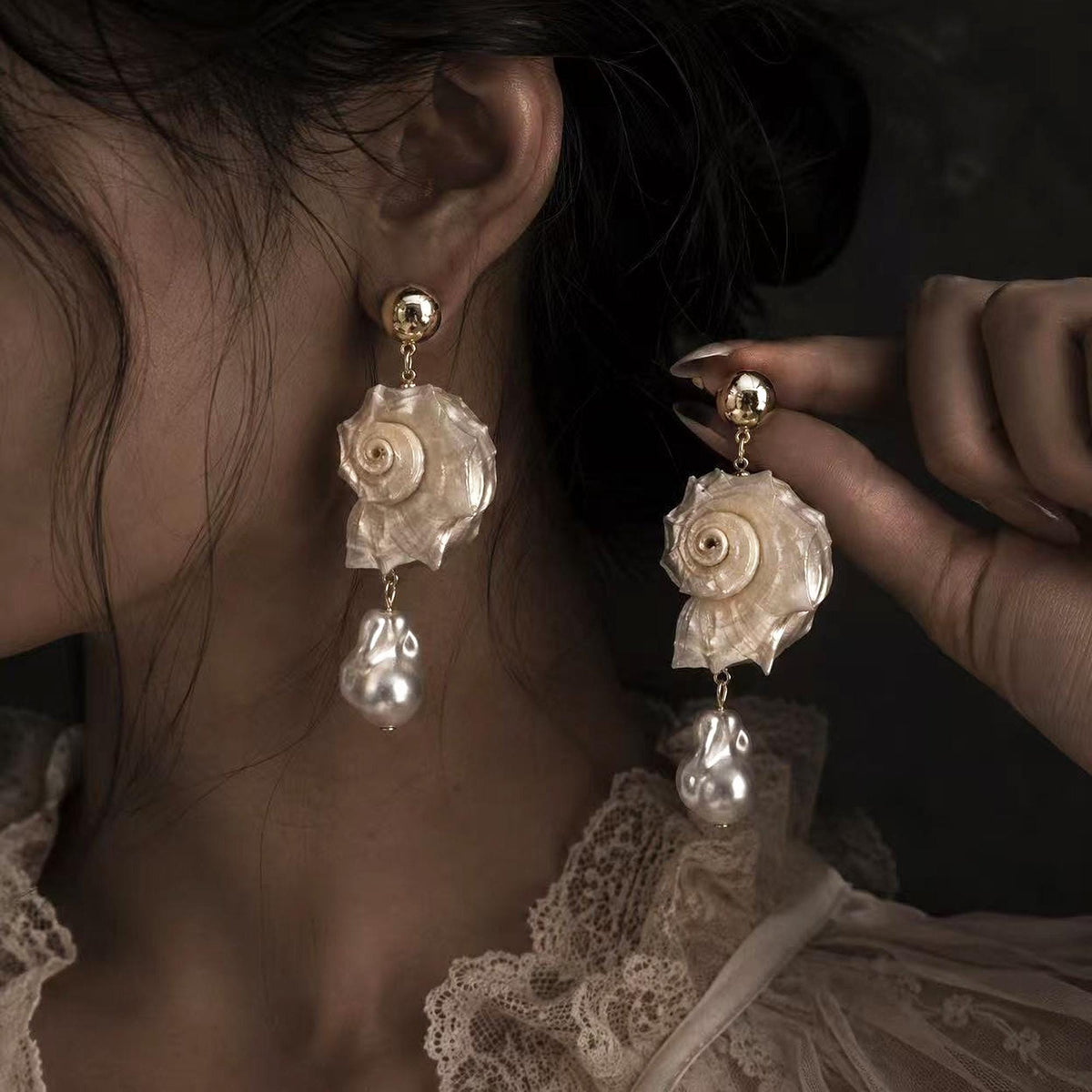 Natural Conch Shell Faux Baroque Pearl Earrings — view 3
